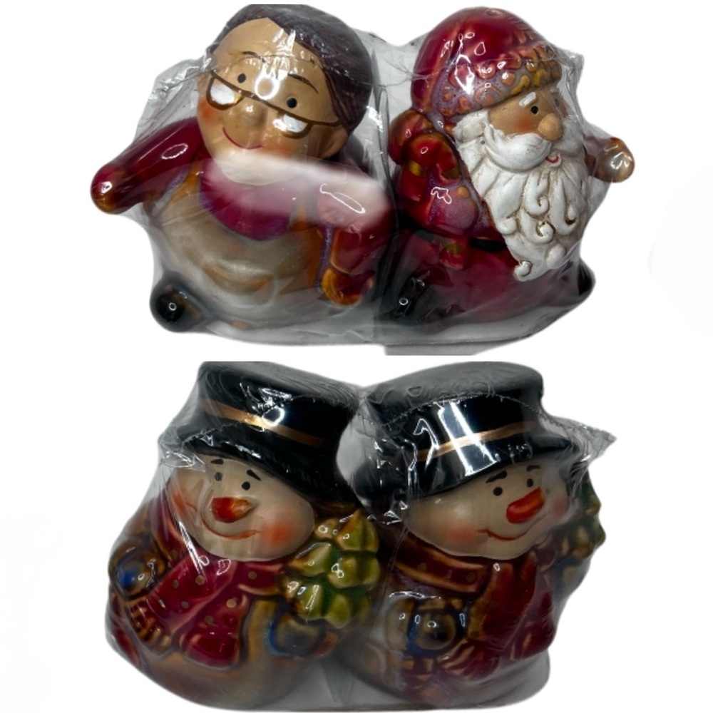 New 1 in wrapper salt & pepper shakers Holiday Christmas Mrs clause & Snowman
